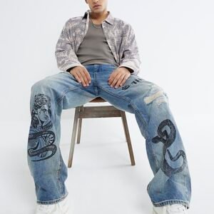 Blue Denim Loose Fit Ripped Snake Print Jeans