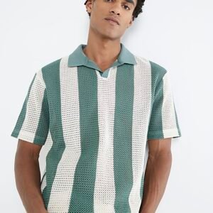 Green Regular Fit Striped Crochet Polo Shirt