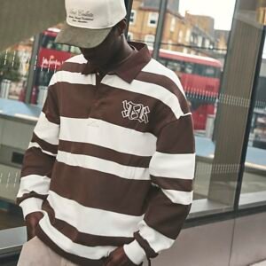 Brown Stripe Open Hem Rugby Polo Sweatshirt