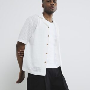 White Short Sleeve Grid Textured Shirt