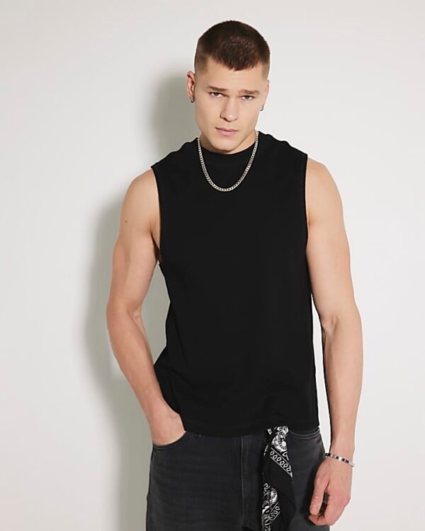 Black Regular Fit Ribbed Tank Top