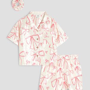 Girls Cream Satin Bow Pyjamas Set