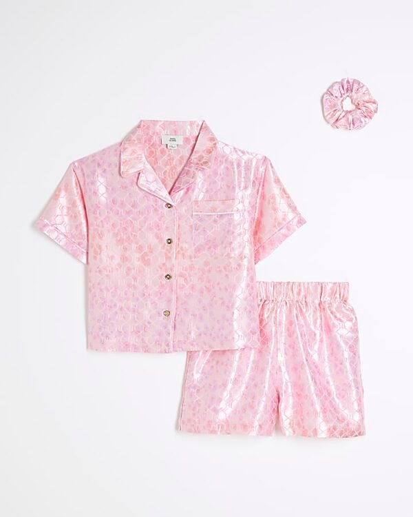 Girls Pink Satin Leopard Pyjamas Set