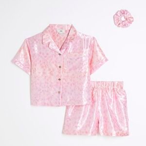 Girls Pink Satin Leopard Pyjamas Set