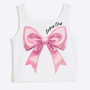 Girls White Pink Bow Tank Top