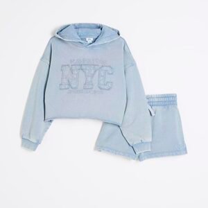 Girls Blue Washed Shorts And Hoodie Set