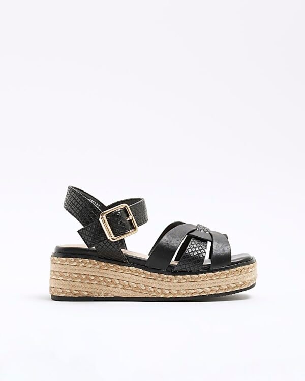 Girls Black Weave Wedge Sandals