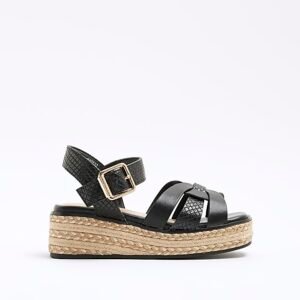 Girls Black Weave Wedge Sandals