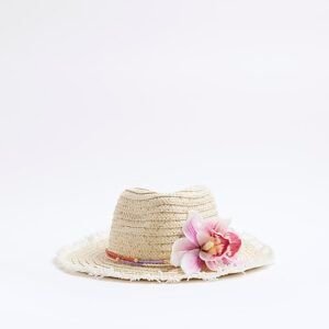 Girls Beige Orchid Straw Cowboy Hat