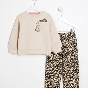 Mini Girls Beige Pocket Sweat Leopard Set