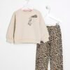 Mini Girls Beige Pocket Sweat Leopard Set