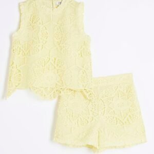 Girls Yellow Lace Top And Shorts Set