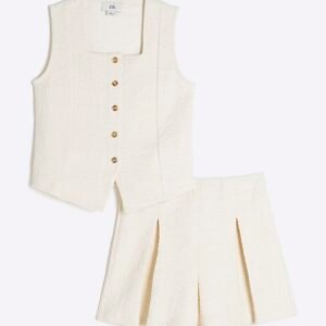 Girls Cream Textured Waistcoat Shorts Set