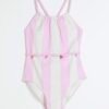 Girls Pink Stripe Charm Belt Swimsuit