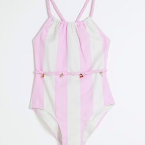 Girls Pink Stripe Charm Belt Swimsuit