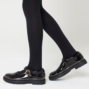 Girls black patent heart buckle shoes