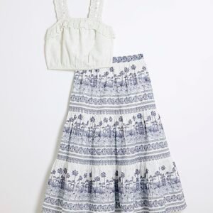 Girls White Broderie Top And Maxi Skirt Set