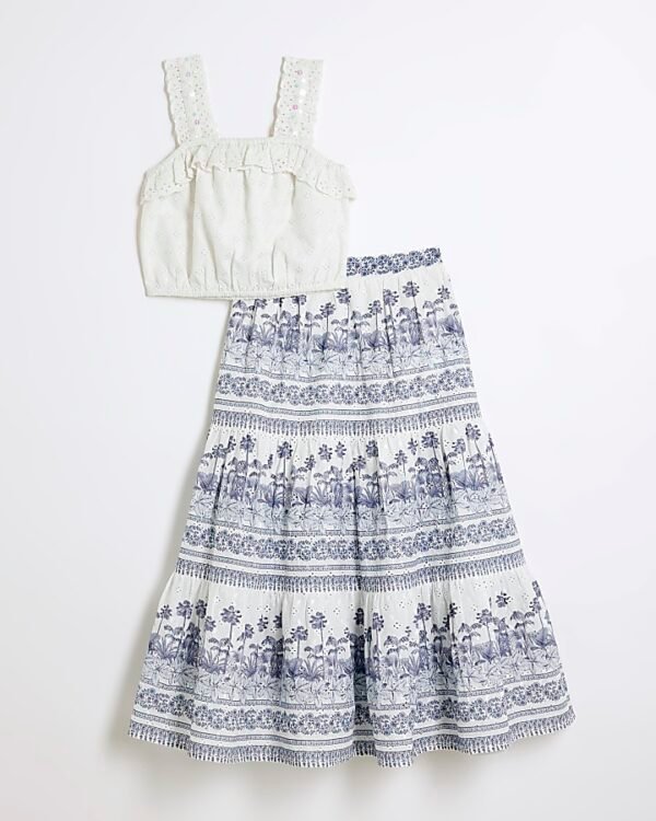 Girls White Broderie Top And Maxi Skirt Set