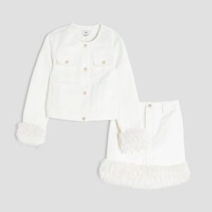 Girls White Denim Feather Set