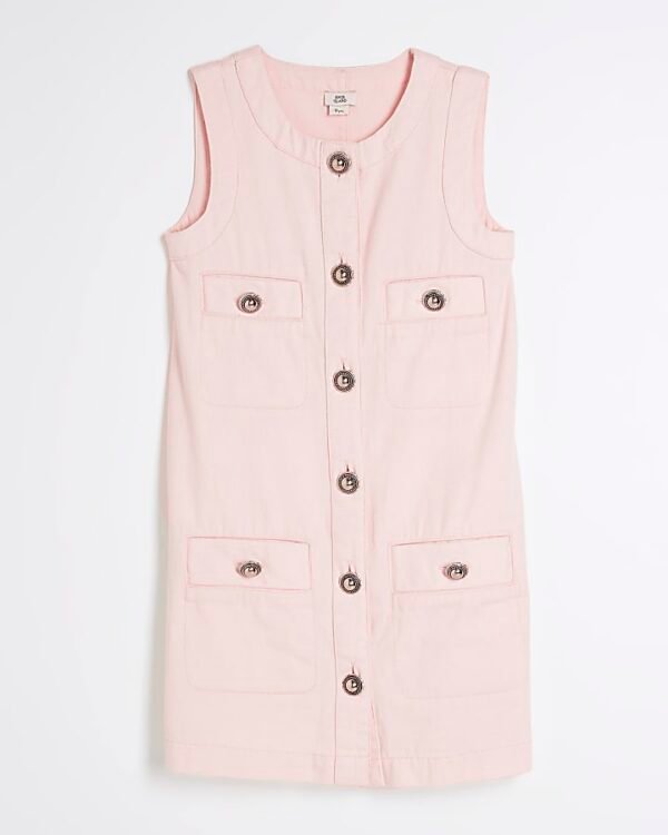 Girls Pink Button Denim Shift Dress