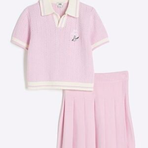 Girls Pink Revere Collar Polo Set