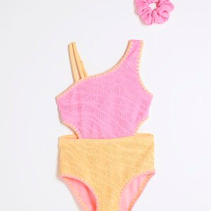 Girls Pink Zebra Textured Swimsuit Set