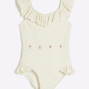 Girls Cream Frilled Charm Belt Swimsuit