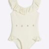 Girls Cream Frilled Charm Belt Swimsuit