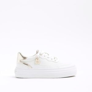 Girls White Faux Leather Lace Up Trainers