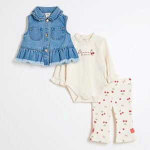 Baby Girls Blue Denim Gilet Cherry Set