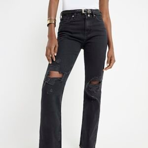 Black High Waisted Straight Ripped Jeans