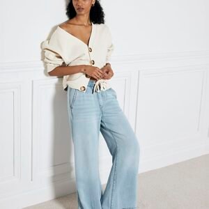 Blue mid rise drawstring loose wide leg jeans