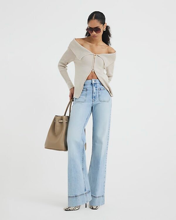 Blue high waisted front pocket wide leg jeans