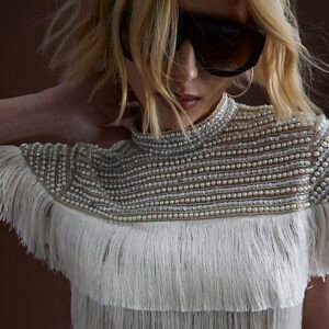 Beige Pearl Embellished Fringe Mini Dress