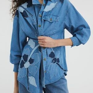 Blue Long Sleeve Floral Denim Shirt