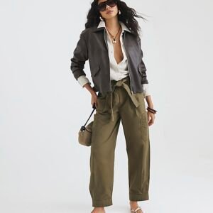 Khaki Belted Barrel Leg Trousers