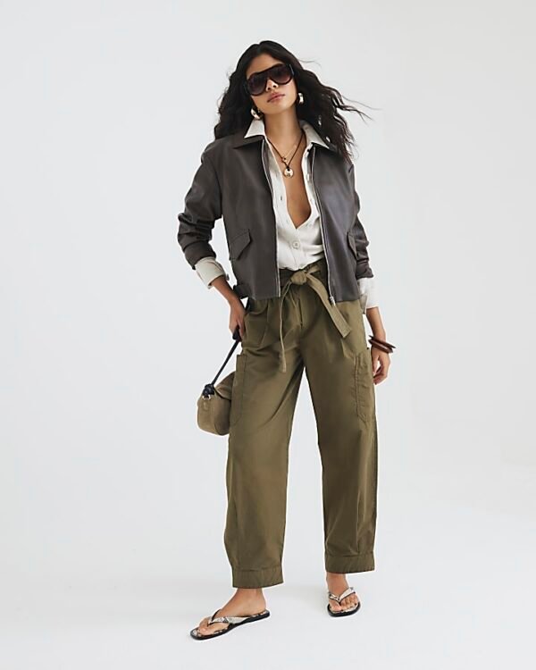 Khaki Belted Barrel Leg Trousers