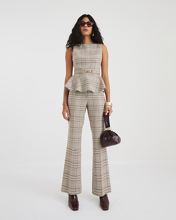 Brown Check Flared Trousers